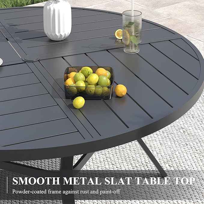 VICLLAX 53" Round Patio Table with Umbrella Hole, All Weather Metal Outdoor Dining Table for 6-8, Outside Table for Lawn Garden, Black