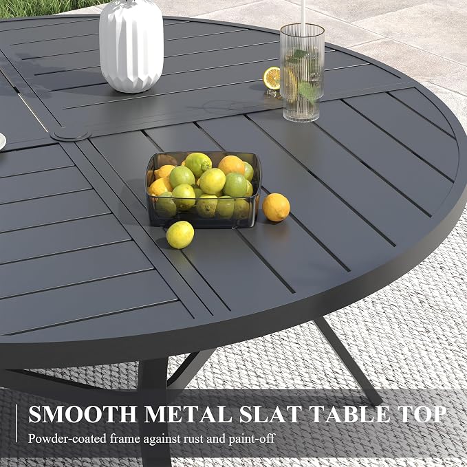 VICLLAX 50" Round Patio Table with Umbrella Hole, All Weather Metal Outdoor Dining Table for 6, Outside Table with Storage Shelf for Lawn Garden, Black