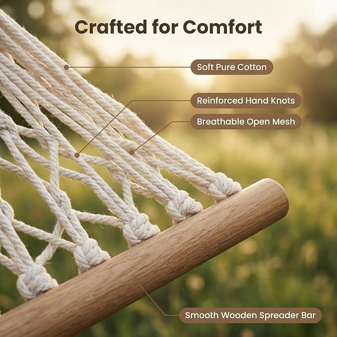 79x32in Anti-Rollover Mesh Hammock, Wood Bar, 300LB, White | Anti-rollover wood bar, 300LB mesh hammock. Breathable, foldable. For camping, patio & bedroom. Fits trees & stands。