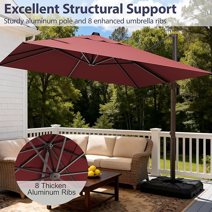 9' X 12' Cantilever Patio Umbrella Rectangle Outdoor Umbrella, 6-Level Tilt & 360° Rotation Offset Umbrella for Garden, Deck, Pool (Red)