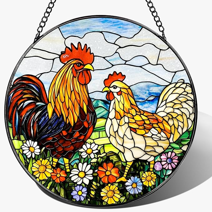 Stained Glass Window Hanging, Stained Glass Suncatcher, 8" Chickens in Flowers Garden Suncatchers for Windows Hanging, Sun Catchers Indoor Window | Gifts for Farm Lovers, Gifts for Chicken Lovers
