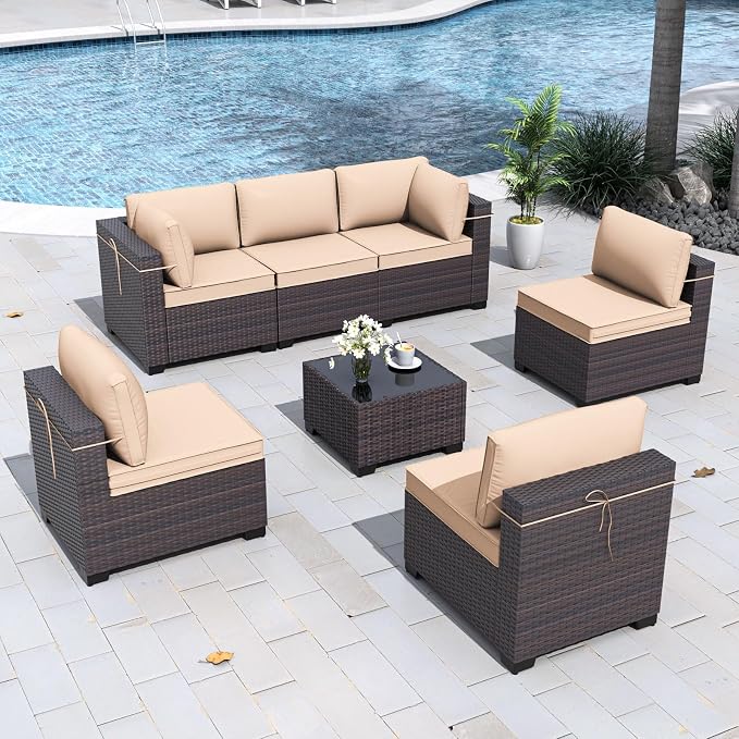 Gotland 7 Pieces Patio Furniture Set with 4’’ Thick Cushions, All-Weather PE Rattan Patio Set with 29.5'' High Backrest, Outdoor Furniture with Coffee Table for Porch Deck Garden Khaki