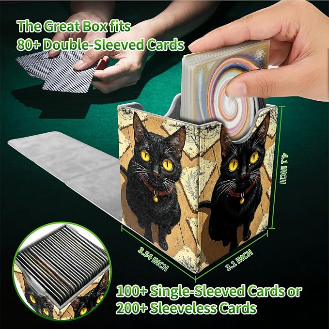 Yellow Eyed Cat Card Deck Box for MTG, Personalized Card Storage Case Fits 120+ Sleeved Cards, Premium Leather TCG Box with Strong Magnetic Closure for Magic, CCG, PTCG, Baseball Cards