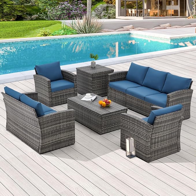 U-MAX 7 PCS Outdoor Patio Furniture Sets w/Two Storage Boxes, Outdoor Conversation Set PE Wicker Sectional Sofa Patio Sofa for Garden, Deck, Grey Rattan& Blue Cushions