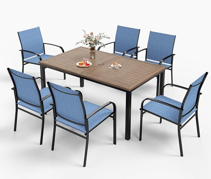HERA'S HOUSE 7pc Outdoor Patio Dining Set, Wood-Look Metal Table, Blue | 64" rectangular table with umbrella hole, 6 textilene chairs. Waterproof, rust-resistant, all-weather for backyard, porch