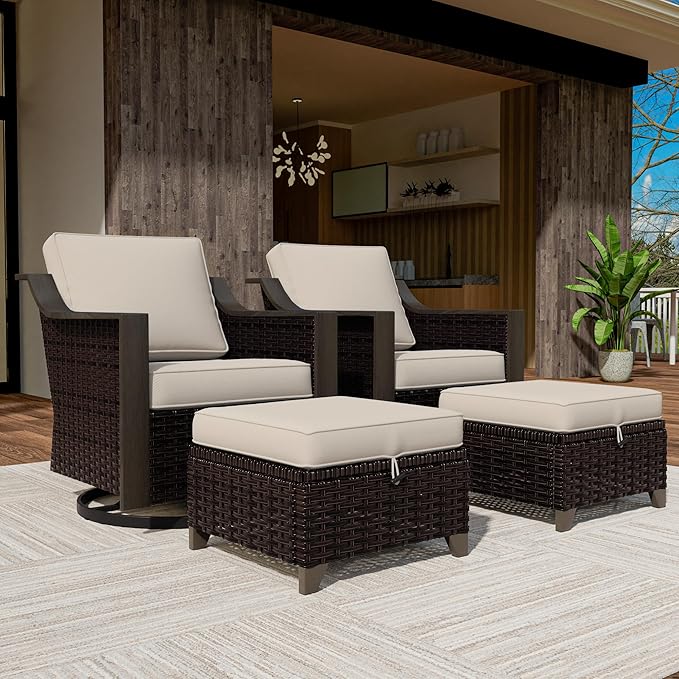 4 Piece Wicker Patio Conversation Set, All-Weather Use Outdoor 2 PE Rattan Swivel Chair, 2 Ottoman, Removable Water-Resistant Cushion, Ideal for Porch, Backyard, Balcony, Poolside, Beige