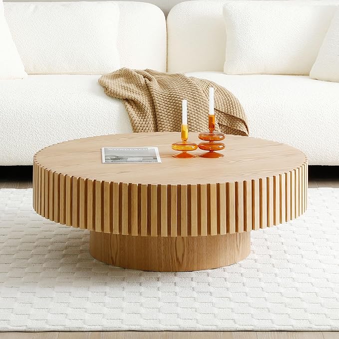 Round Coffee Table, Natural Wood, Modern Style, Slatted Base Design, Living Room Table (Ash, 31.49)
