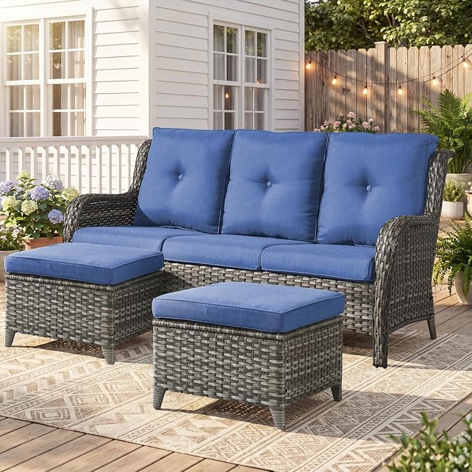 Belord 3-Piece PE Wicker Outdoor Sofa with 2 Ottomans, Luxury Patio Couch Convertible to Chaise Lounge, All-Weather High Back Deep Seat Woven Furniture for Deck, Porch - Grey/Blue