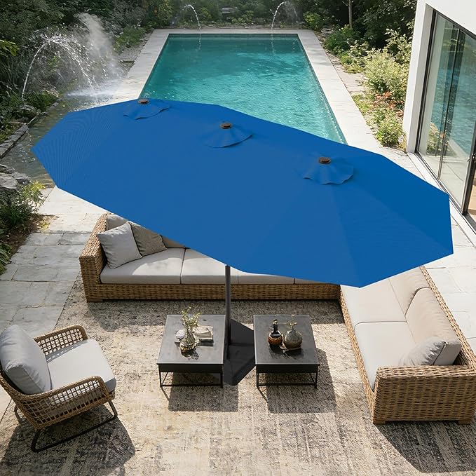 AreShark 15ft Patio Umbrella with Base, Double Sided Outdoor Umbrella with 12 Fiberglass Ribs, Large Outdoor Umbrella for Garden, Pool, Deck, Backyard & Market, Royal Blue