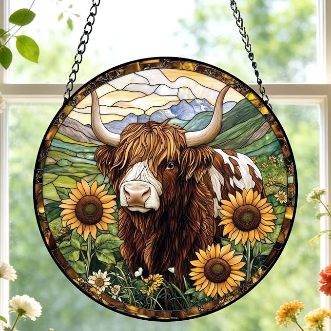 Highland Cow Stained Glass Suncatcher Window Hanging Gifts for Women Men | 9.8in Garden Sun Catcher, Cow Sunflowers Ornament for Windows Door Home, Mother's Day Birthday Gifts for Animal Lovers