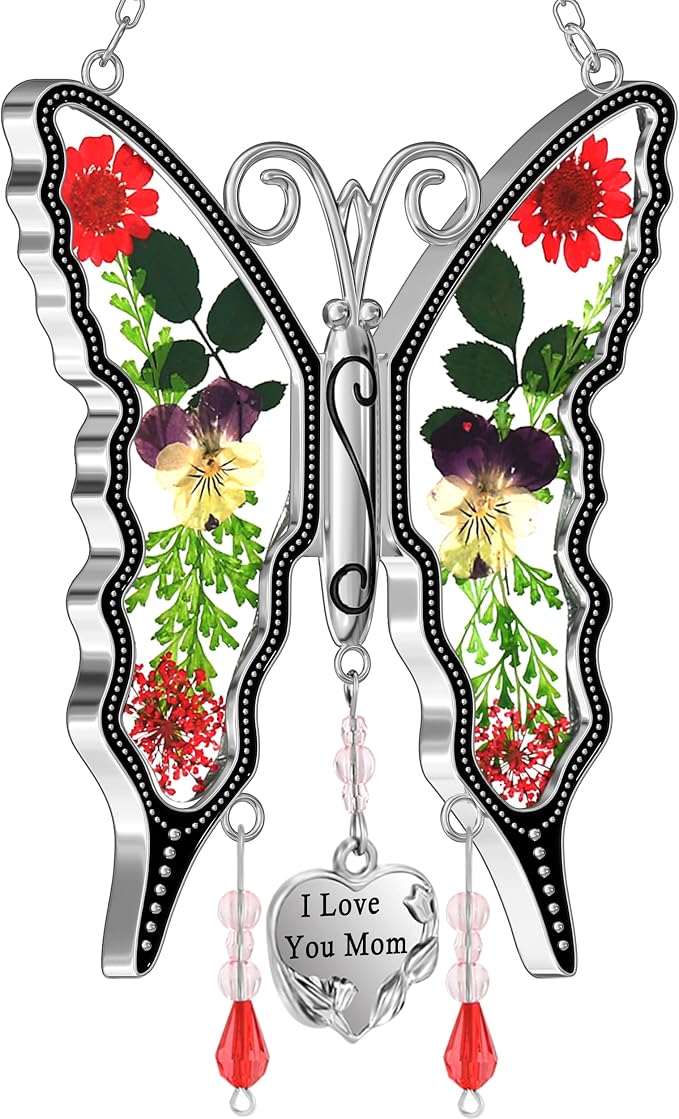 KY&BOSAM Mom Gift Butterfly Glass Pressed Flowers Suncatcher Window Hanging | I Love You Mom Charm Sun Catchers Wind Chime Ornament,Metal & Dried Flowers,Mothers Day Gifts for Mom Birthday Christmas