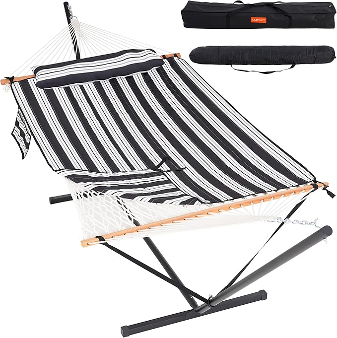 Lazy Daze Hammocks 2 Person Portable Hammock with 12FT Stand, Double Hand Woven Cotton Rope Hammock with Detachable Quilted Pad & Pillow for Outside, 450lb Capacity, Black White Stripes