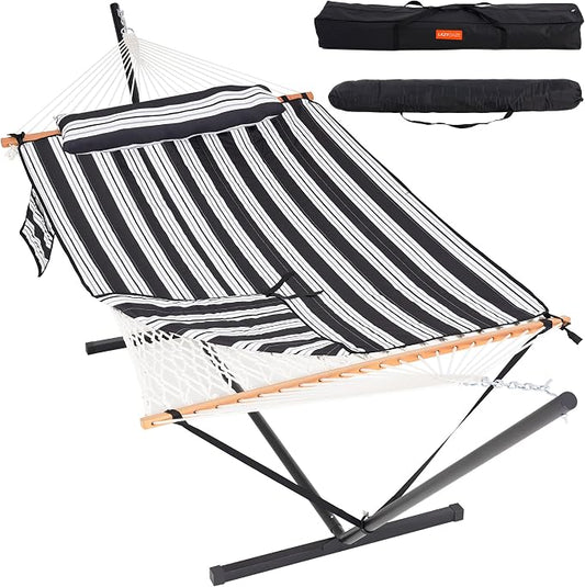 Lazy Daze Hammocks 2 Person Portable Hammock with 12FT Stand, Double Hand Woven Cotton Rope Hammock with Detachable Quilted Pad & Pillow for Outside, 450lb Capacity, Black White Stripes