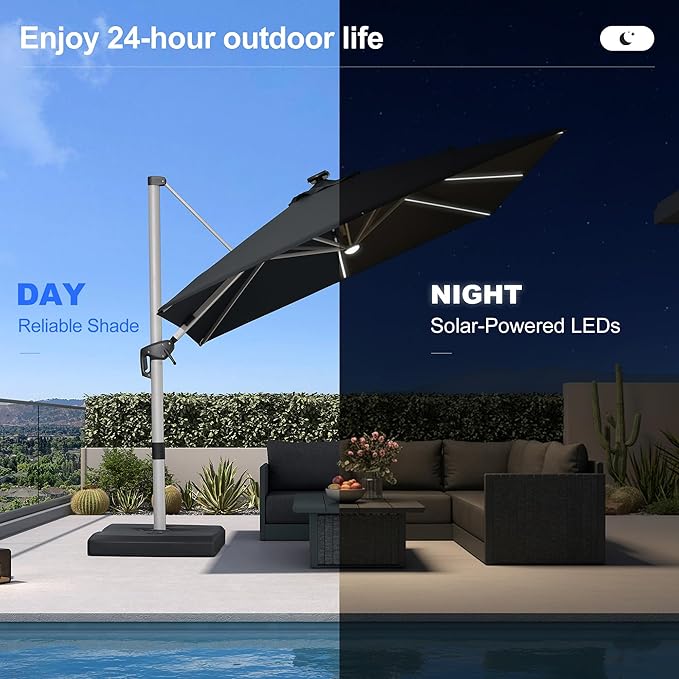 PURPLE LEAF 9 Feet Patio Umbrella with Lights Outdoor Square Cantilever Umbrella Solar Powered LED with 360-degree Rotation for Garden Deck Pool Patio, Black