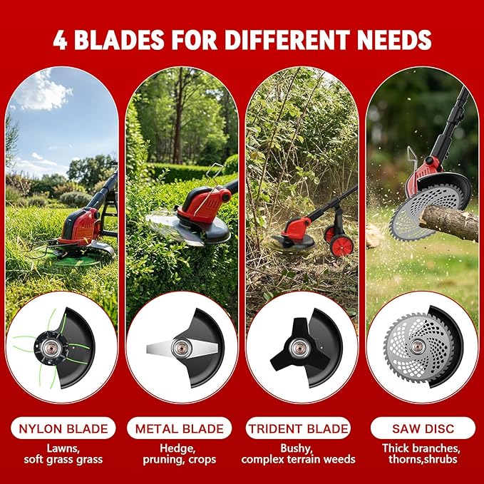 20000 RPM Electric Weed Wacker with Wheel,12″ Brushless Cordless Weed Eater Battery Powered, 4-in-1 Brush Cutter/String Trimmer/Grass Edger Tool/Lawn Mower, Stringless Weed Trimmer,5 Blade,2 Battery