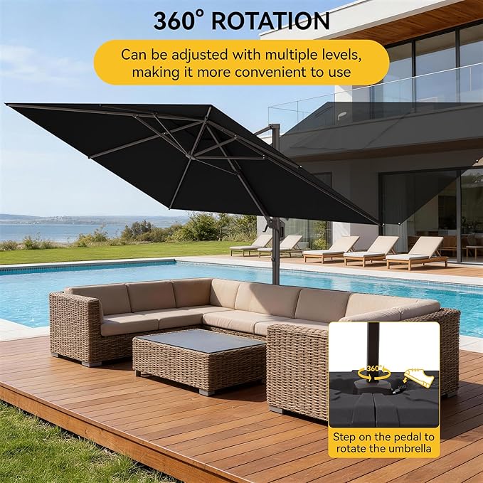 9x12 FT Cantilever Patio Umbrella, Large Rectangular Offset Outdoor Umbrella with 360° Rotation, Heavy Duty Shade Umbrella for Garden Backyard Deck Poolside Courtyard, Black