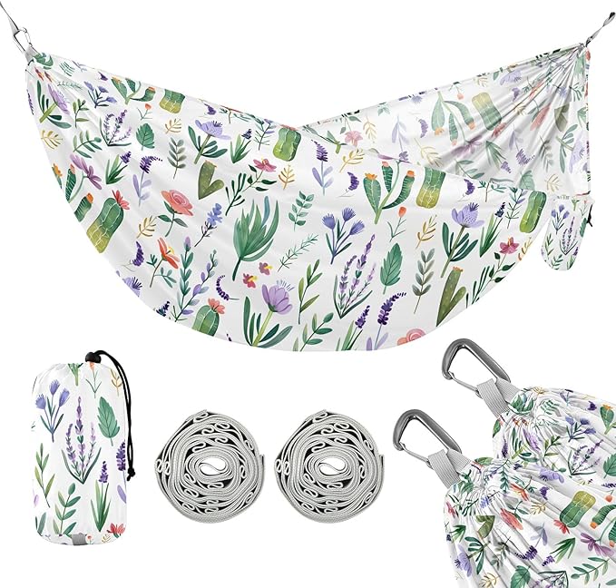 Camping Hammock Outdoor Hammocks for Outside Flowers Lavender Leaves Cactus Beach Trees Portable Lightweight with Pockets Tree Straps Indoor