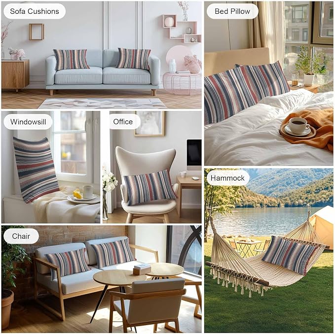 Red Blue Beige Outdoor Pillow Covers 20x12 Inch Lumbar Pillow Covers Set of 2 Waterproof Decorative Throw Pillow Cases Boho Retro Colorful Abstract Striped Cushion Covers for Patio Furniture Garden