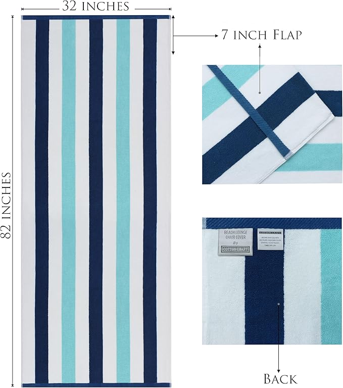 COTTON CRAFT Pool Lounge Chair Cover - 2 Pack Cabana Stripe Chaise Lounge Chair Cover - Soft 100% Cotton Dobby Terry Towel Beach Chair Cover - Oversized 32 W x 82 Length x 7 inch Pocket – Ocean Blue