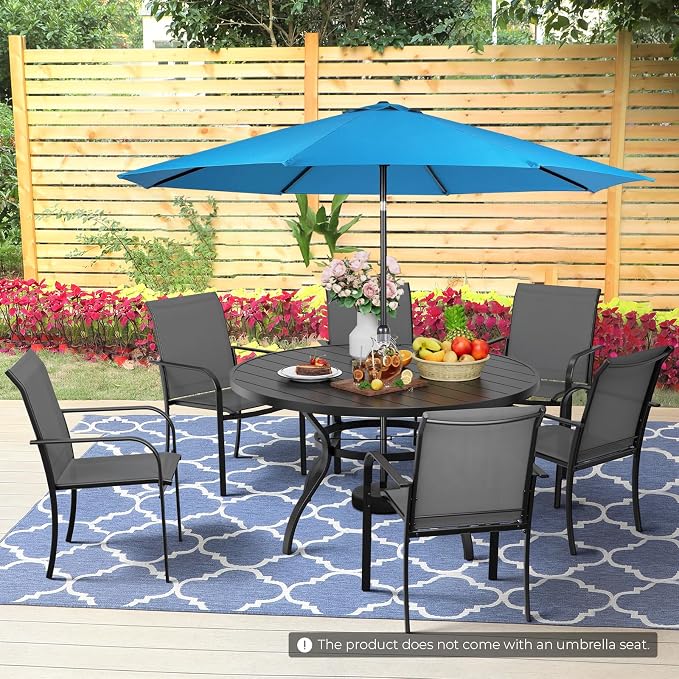 Incbruce 8 PCS Patio Dining Set with Sky Blue Umbrella, Outdoor Dining Set of 6 Textilene Chairs and 53" Round Table with Umbrella Hole for Backyard, Garden, and Poolside (Grey)