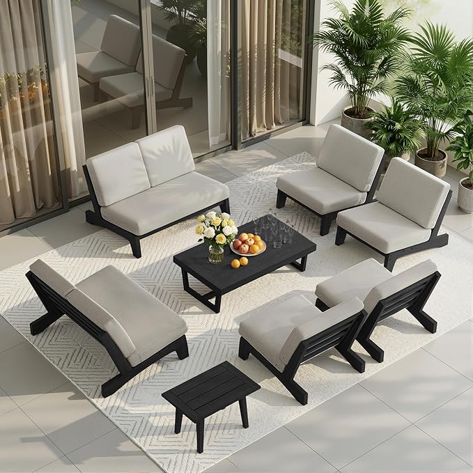 UIXE 8 Pieces All Weather Black Wood Patio Furniture Sets, 2 Patio Loveseat, 4 Patio Bistro Chair, Outdoor Sectional Sofa Furniture Backyard Conversation Set with Coffee Table - Light Camel
