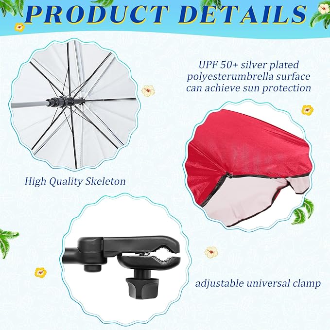 Buryeah 2 Pcs Beach Chair Umbrella Automatic with Universal Adjustable Clamp 44" UPF 50+ Portable Clamp on Beach Chair for Wheelchair Patio Golf Carts Camping
