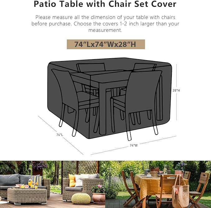 SheeChung Outdoor Furniture Cover Square 74"Lx74"Wx28"H,Waterproof Patio Fabric Furniture Covers,Heavy Duty Outdoor Table and Chairs Cover,Patio Covers for Outdoor Furniture Waterproof