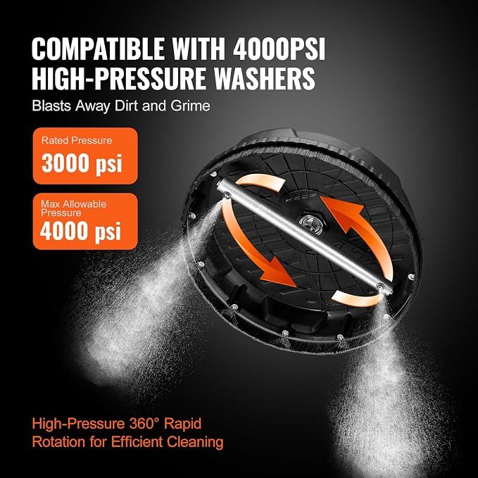 VEVOR 15 Inch Pressure Washer Surface Cleaner, 4000 PSI Universal Power Washer Accessory with 2 Extension Wands and 1/4 Inch Quick Connect, Concrete Cleaner for Driveway, Patio, Floor Cleaning
