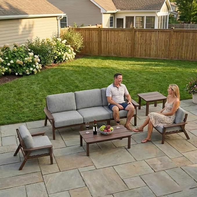 Kingdura HDPE Patio Furniture Set, 3 Piece Outdoor Sectional Sofa with Coffee Table, All Weather Outdoor Couch Conversation Set with Washable Cushions for Backyard Poolside Balcony