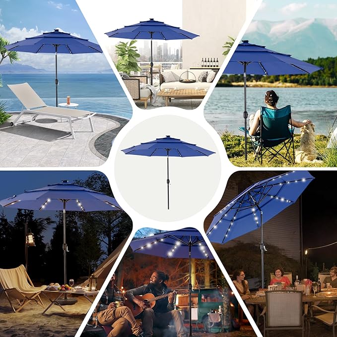 DUMOS 10FT 3 Tier Patio Umbrella with 32 LED Lights, Outdoor Patio Umbrella with Crank, Table Umbrellas 8 Sturdy Ribs for Pool, Market, Terrace, Beach, Outdoor Restaurant, Blue