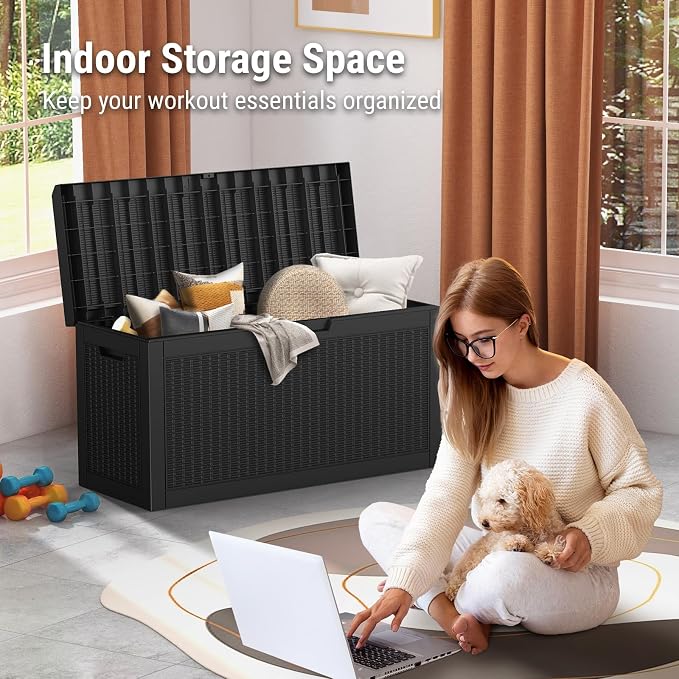 Mars Villa 60 Gallon Outdoor Storage Bench, Deck Box Waterproof Outside Resin Storage Bin for Outdoor Patio Furniture Cushion, Pool Supply, Garden Tool, UV-Resistant and Weatherproof, Rattan Black