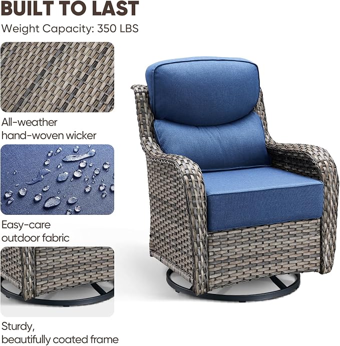 Swivel Patio Chairs Set of 2 with 6" Thick Cushion - Wicker Outdoor Swivel Rocker Patio Set, High Back Comfortable Outdoor Glider Chairs 360° Rotation Glider Gray Wicker - Blue Cushion