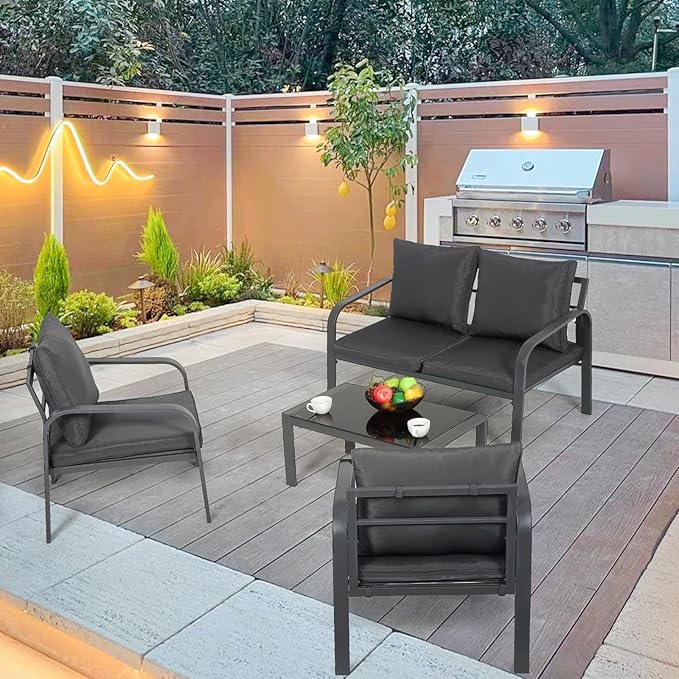 MoNiBloom 4 Pieces Outdoor Patio Furniture, All Weather Conversation Set with Tempered Glass Coffee Table for Garden Backyard Porch Balcony Poolside Deck Lawn, Loveseat Couch and Chairs with Cushions