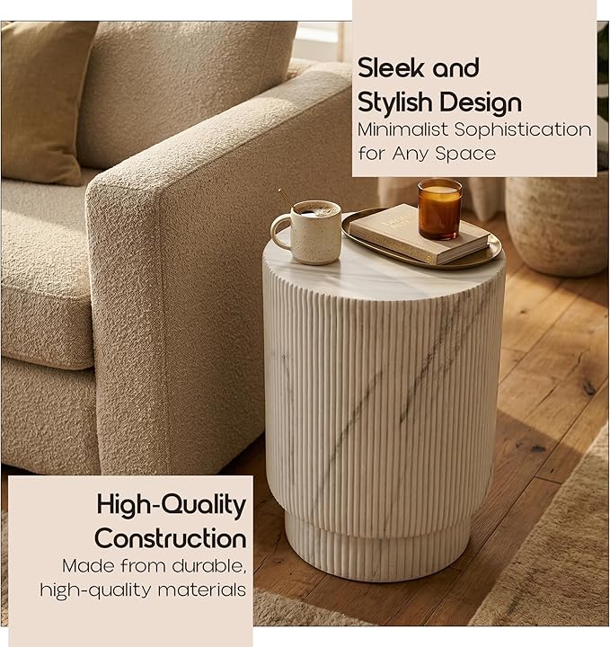 LeisureMod Eden Modern Side End Table – Indoor and Outdoor Accent Table for Living Room, Bedroom, Patio, Balcony, Porch, Garden, Small Spaces in White Marble