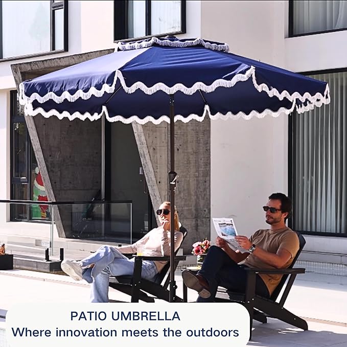 Patiokingdom 9FT Patio Umbrella with Fringe,Tassel Umbrella UPF 50+ & Push-Button Tilt,Rust-Resistant Fiberglass Frame for Pool,Garden,Backyard,Yard (Navy)