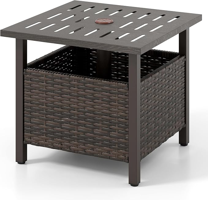 RELAX4LIFE Wicker Outdoor Side Table - Rattan Square Patio End Table with 1.93” Umbrella Hole & Rustproof Frame, Outside Umbrella Stand for Garden Deck Porch Balcony Poolside Backyard