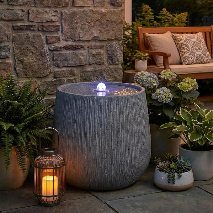 Christopher Knight Home Anna 12.99" H Modern Bowl-Shaped Water Fountain Outdoor with LED Light, Recirculating Pump Patio Garden Fountain, Freestanding Cascading Water Feature for Backyard/Lawn, Gray