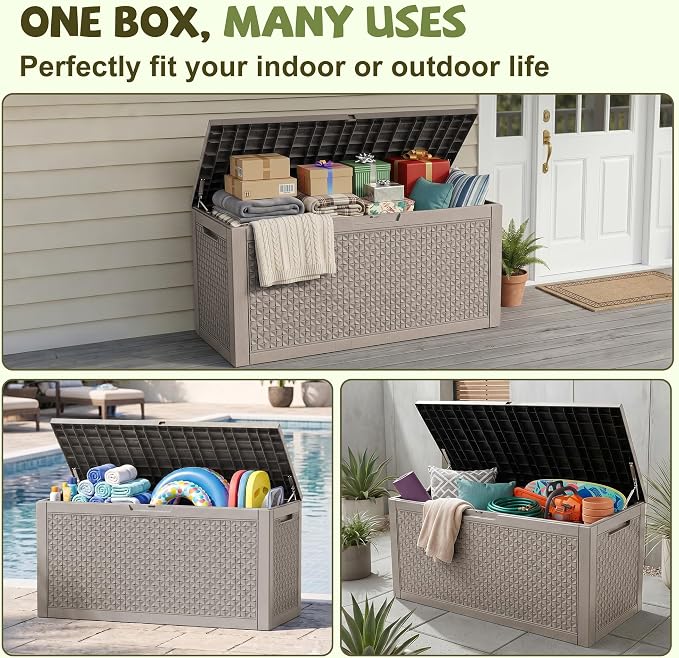 150 Gallon Outdoor Storage Box, Large Resin Deck Box Waterproof, Lockable Toy Storage Container, Storage Bins with Lids for Patio furniture, Garden Tool Box, Grey