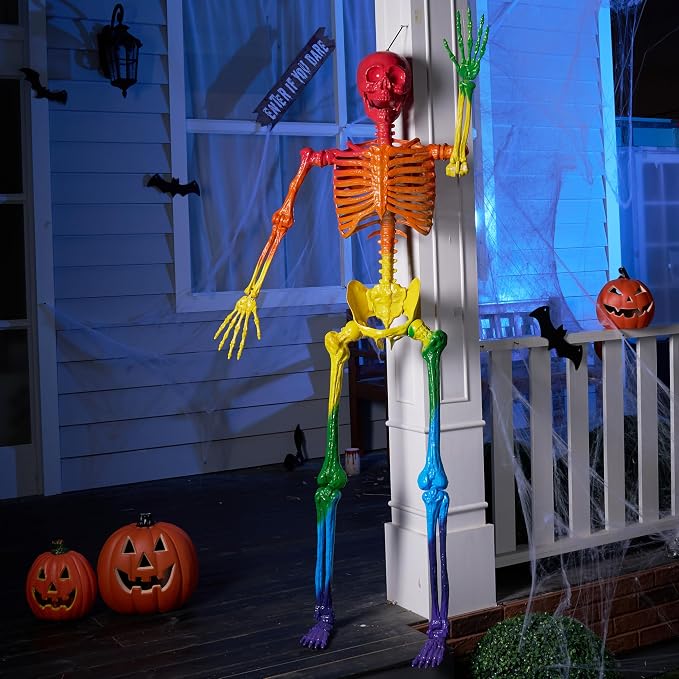 JOYIN 5.6 FT Halloween Posable Life Size Skeleton, Full Body Realistic Bones with Movable Joints, Rainbow Color Giant Skeletons for Halloween Decoration Outdoor, Haunted House Prop, Spooky Scene Party
