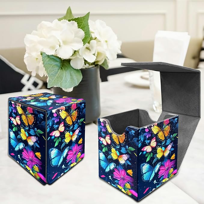 Colorful Butterfly Card Deck Box for MTG, Personalized Card Storage Case Fits 120+ Sleeved Cards, Premium Leather TCG Box with Strong Magnetic Closure for Magic, CCG, PTCG, Baseball Cards