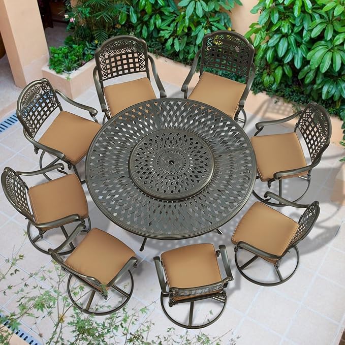 VIVIJASON 9-Piece Outdoor Furniture Dining Set, Rust-Free Cast Aluminum Patio Conversation Set, Include 8 Swivel Dining Chairs & 61" Round Dining Table with 31" Lazy Susan, Umbrella Hole, Khaki