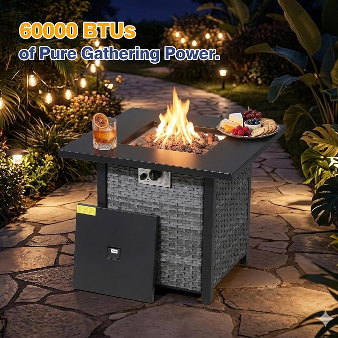 5 Piece Patio Furniture Set With Fire Pit Table,360°Swivel Glider Patio Chairs Set of 2,Cozy 60,000 BTU Square Fire Pit Table,2 Sofas,All-Weather Wicker Outdoor Patio Set With 6 Inch Thick Cushions