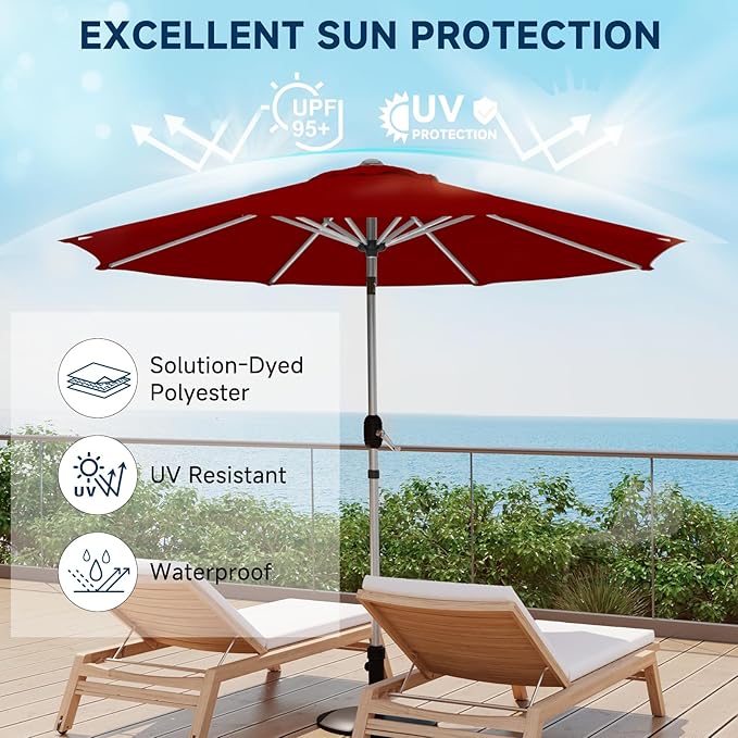 10FT Aluminum Outdoor Patio Umbrella, Fade-Resistant Market Umbrella with Push Button Tilt Function, 8 Sturdy All-Aluminum Ribs for Gardens, Patios, Backyards & Pools