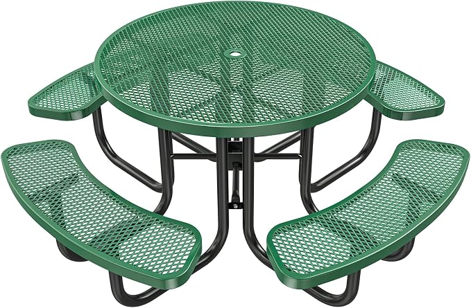 Heavy Duty Picnic Table with Umbrella Hole, Expanded Meta Outdoor Metal Patio Dining Table & Outdoor Bench Set, Steel Mesh Dining Furniture for Garden, Lawn, Patio (47 INCH Green Circle Table)