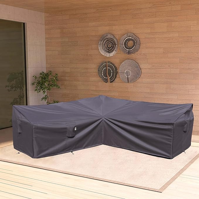 Heavy Duty Outdoor Sectional Sofa Cover, Waterproof 600D Patio Sectional Couch Cover, Lawn Patio Furniture Protector(Storm Grey, V-Shaped-90 x 90")