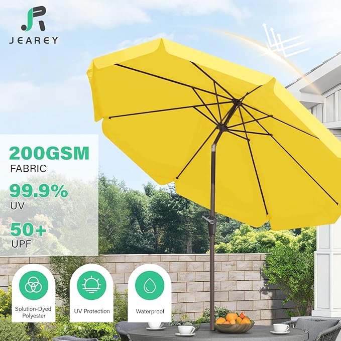 JEAREY 9 FT Patio Umbrella Outdoor, Table Umbrellas Market Umbrella w/Push Button Tilt/Crank, 8 Sturdy Ribs(Yellow)