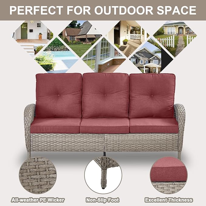 Belord 6 Pieces Patio Rocking Chairs Outdoor Furniture Set with Outdoor Couch and Ottoman Conversation Patio Furniture Set Perfect for Deck Sunroom Backyard Gray/Red