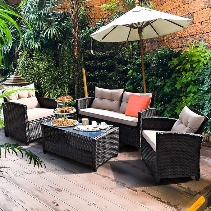 Tangkula 4-Piece Patio Furniture Set, Rattan Wicker Chair Set with 1 Loveseat, 2 Single Sofas, 1 Coffee Table with Tempered Glass Top, Outdoor Furniture Sets for Backyard, Porch, Garden and Poolside