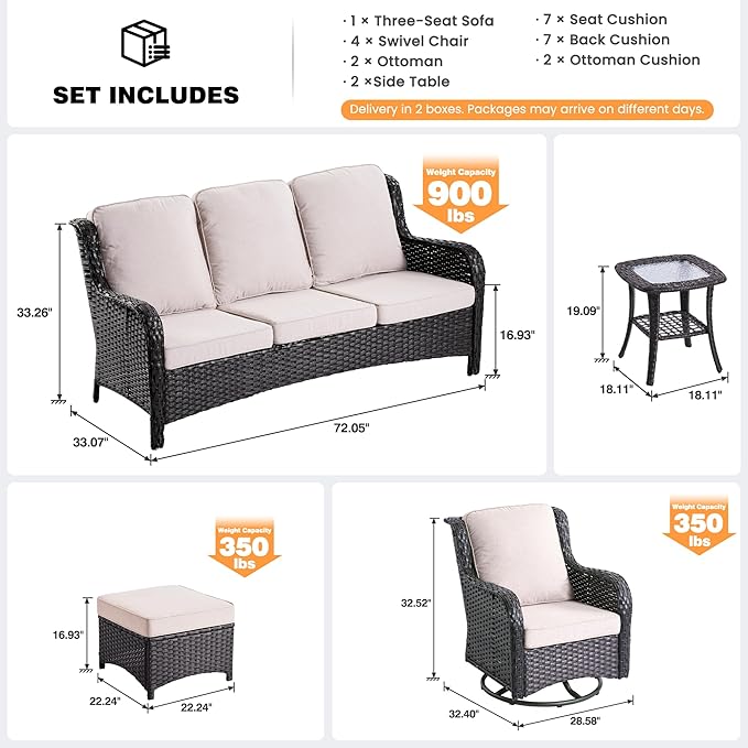 ovios 9-Piece Patio Furniture Set with Swivel Chairs Coffee Table, Outdoor Wicker Sofa with Comfy Cushions, High Back Couch Modern Conversation Sets, Brown/Beige