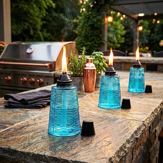 Seraphic Citronella Table Top Torches for Outdoor Patio, 16oz Decorative Glass Torch Citronella Candles for Outside Deck, Garden, Parties, Set of 3, Blue